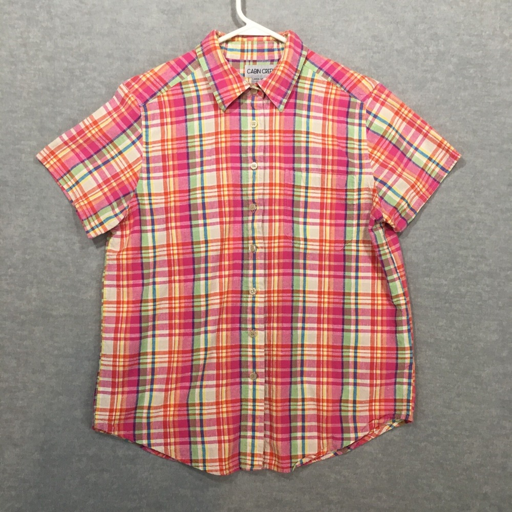 Cabin Creek L Colorful Button-Up Short Sleeve Linen Blend Shirt Pink Plaid EUC